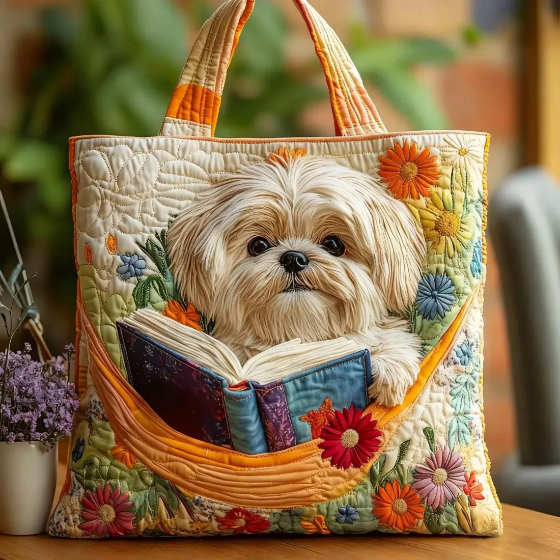Bolsa artesanal - Shih Tzu com livros e flores - Image 2