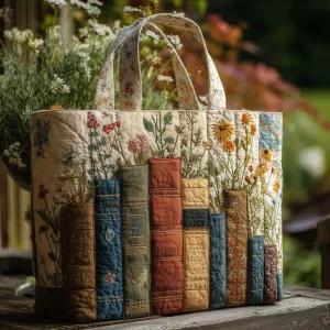 Bolsa artesanal acolchoada - Livros e Flores