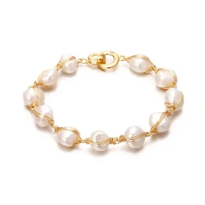 Pulseira feminina, de ouro 14K, artesanal de pérolas naturais de água doce