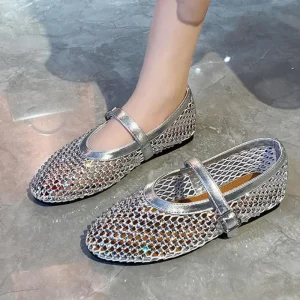 Sapatilhas feminina de cristal STRASS fishnet, ballet, flats, design da marca rebite, malha MARY JANES
