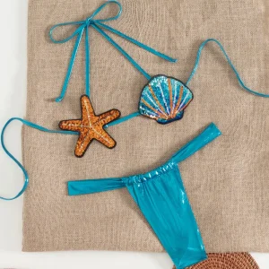 Conjunto de biquíni feminino sexy push up plissado, brilhante, lantejoulas, concha estrela do mar,  tanga brasileira maiô micro
