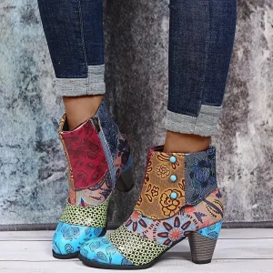 Botas de cano curto, estampadas feminino com emenda, vintage, couro PU, bloco retrô, salto alto, sapatos boêmios, curtas de inverno