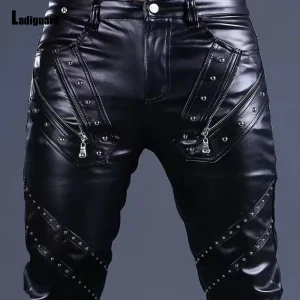 Calças masculina estilo rock, de couro do plutônio, sexy, night club, dança, com rebites, zíper