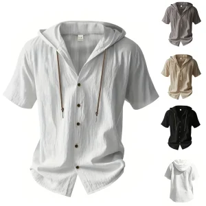 Camisa de linho de algodão masculina, com capuz, manga curta, cor sólida, respirável, leve, cordão, design, casuais básicas