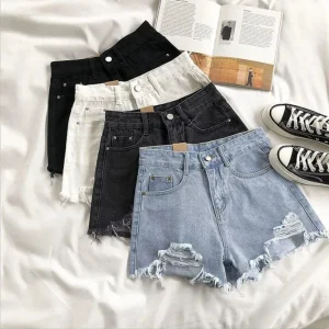 Shorts feminino coreano, denim, buracos, moda cintura alta, perna larga, de brim, designer casual, rua