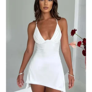 Vestido feminino sexy com decote em v, sem costas, halter, mini vestido, cor sólida, transfronteiriço