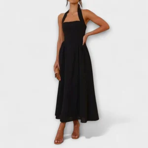 Lídia - Vestido Midi Preto com Decote e Detalhe na Cintura