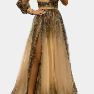 Natalia Maxi Vestido de Chiffon com Ombro Descoberto e Volume Rosa