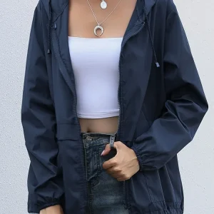 Jaqueta feminina, casual, solta, primavera/outono, zíper, moletom com capuz, capa de chuva leve, cor sólida