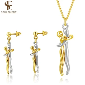 Colar com pingente de abraço, banhado a ouro 14K, para mulheres, brincos de abraço em dois tons