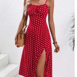 Vestido feminino casual de verão, sexy com alças finas, estampa de bolinhas, sem mangas, fenda, BOHO